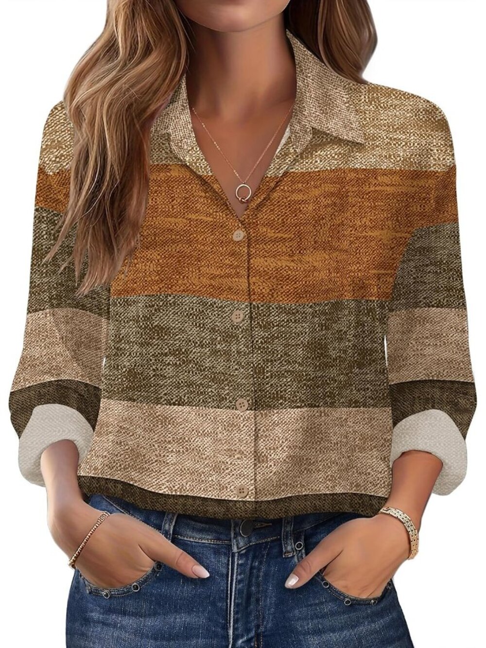 Women's Geometric Long Sleeve Satin Silk Button Down Casual Blouses Top T-Shirt
